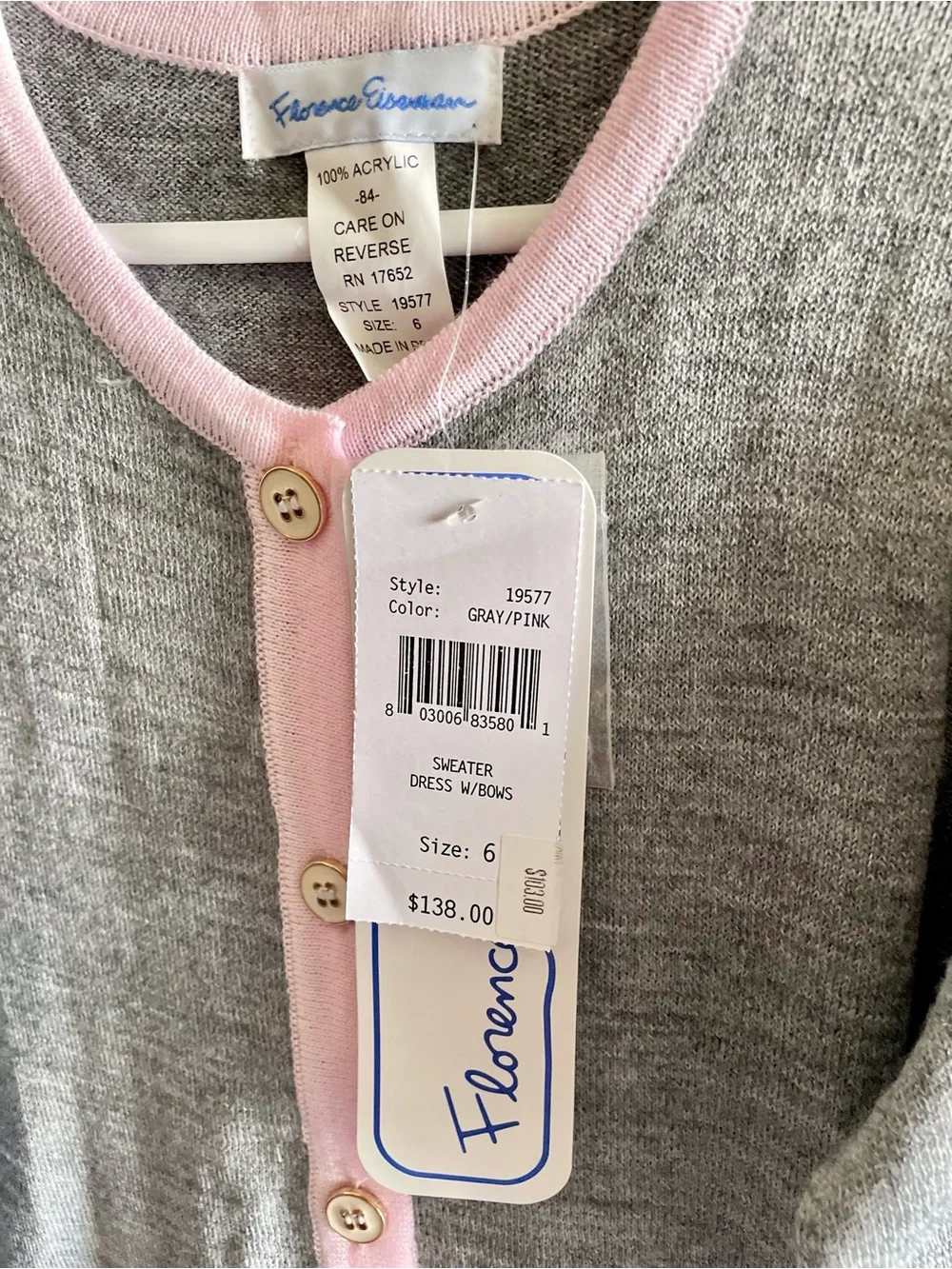 Florence Eiseman Gray Knit Dress with Pink Trim